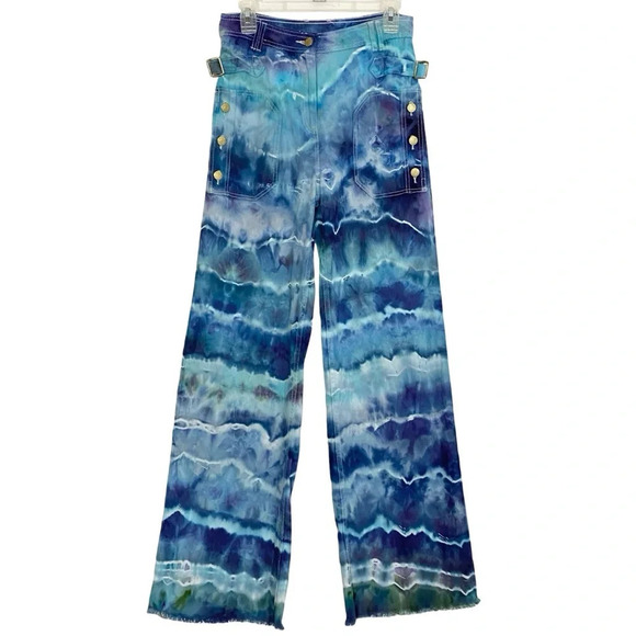 Ulla Johnson Wide Leg Flare Jeans High Rise Womens Size 8 Mixed Blue Ocean Waves - Picture 1 of 16